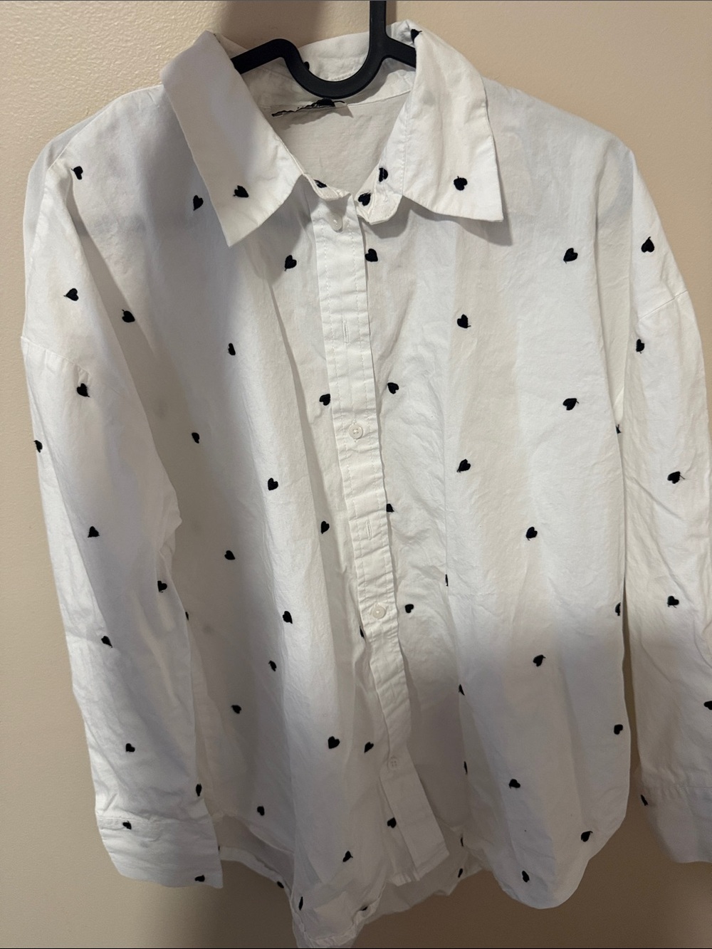 White Button-Down Shirt with Black Heart Print